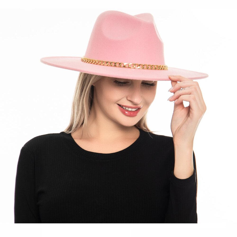 Pink Felt Fedora Hat with Gold Chain Beige Bottom Wide Brim